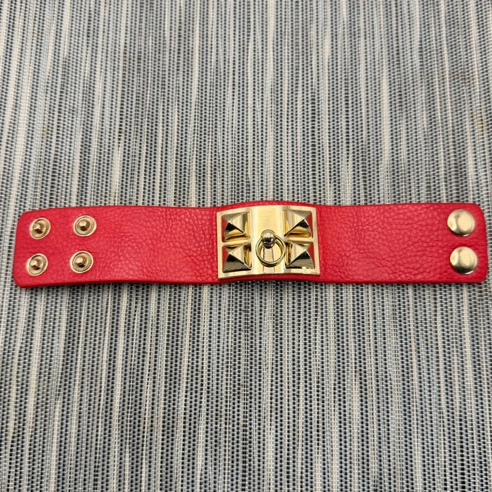 Red Faux Leather Studded Cuff Bracelet Gold Pyramid Door Knocker Ring Edgy Punk